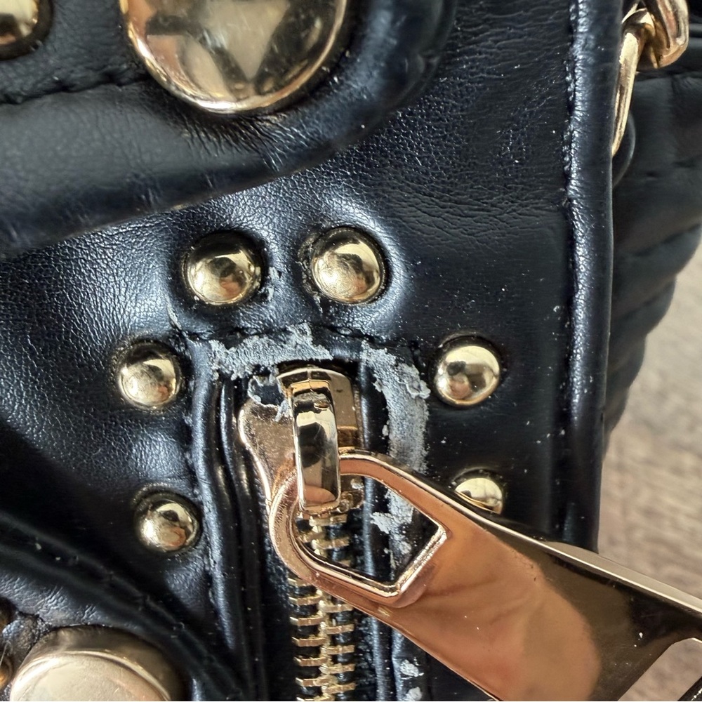 AMEILIYAR Black Vegan Leather Gold Toned Stud Biker Jacket Crossbody Bag *FLAW* - Picture 11 of 15